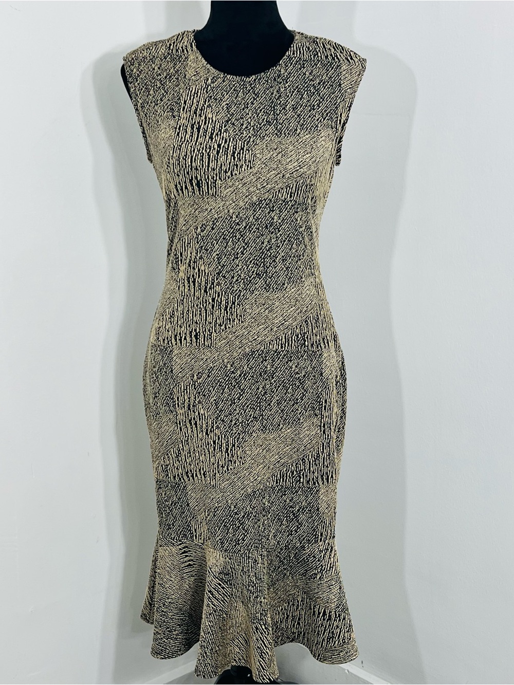 Venus Abstract Print Sleeveless Bodycon Mermaid Flounce Hem Knit Dress Stretch